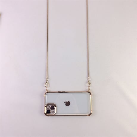 ショルダーチェーン付 iPhone16Pro/17ケース 四角耐衝撃 iPhone16ProMax/15Pro/14カバー メタリックゴールド高級感 丈夫[M5526]