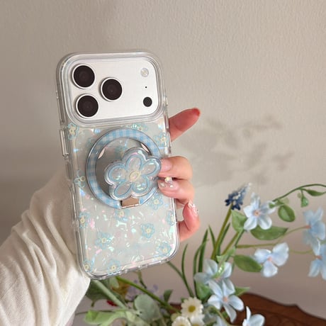 ブルー花リングスタンド iPhone17/17Proケース MagSafe対応 iPhone16Pro/15/14ケース 可愛い便利 甘めコーデ [M6434]