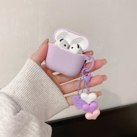 ラベンダー色 Airpods４ケース 充電口カバー付 Airpods3/pro2カバー ハートキーチェーン付 シリコン 丈夫[M5198]