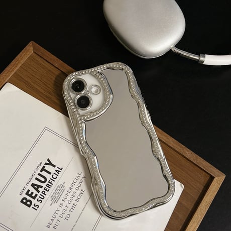 ジュエリー鏡付 iPhone16/16proケース うねうね アイフォン15pro/14/13proケース 大人可愛い 女子力UP メッキ[M5148]