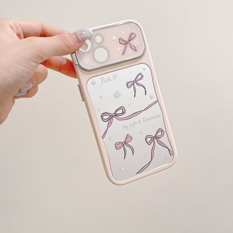韓国風 鏡 iPhone15/15proケース リボン柄 アイフォン14/13pro/12ケース かわいい 女子力アップ[M4426]