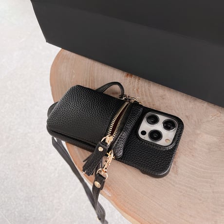 小銭入れ iPhone14/15proケース 淡色レザー高品質 アイフォン13/12proカバー 長さ調整可ストラップ フリンジ ファスナー 大容量 高級感[M3089]