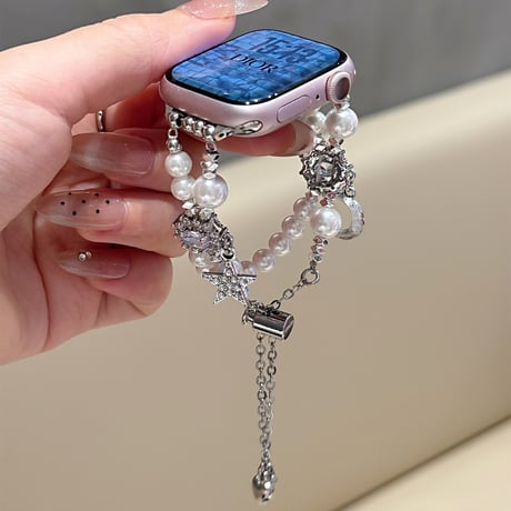 パール AppleWatch Serise 10バンド 高級感 女子力高いアップルウォッチ Ultra2/1/SE/Series9/8/7/6/5/4/3/2/1 きれい 存在感抜群[M5184]