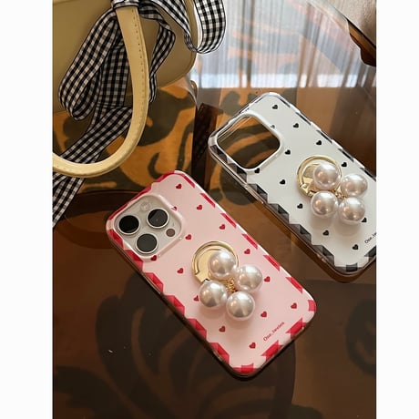 パールリング付 iPhone16Pro/16ケース ハート柄 iPhone15Pro/14Pro/13ケース 大人可愛い 上品 ガールズに人気 [M5424]