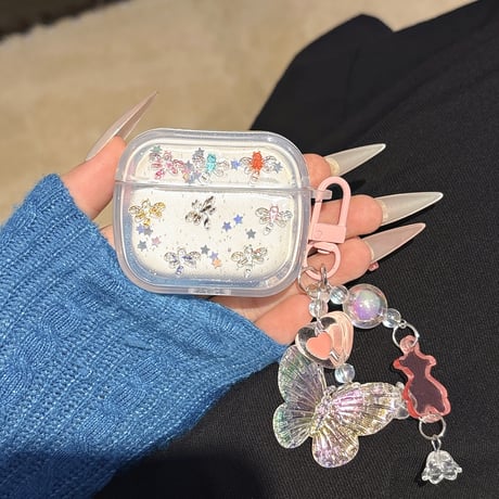 カゲロウ Airpods 4ケース 蝶キーチェーン付 かわいい Airpods3/Pro2ケース airpodsproカバー キラキララメ ギフトにおすすめ[M5226]