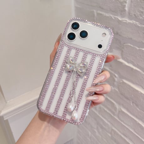 ジュエリー iPhone17Pro/17ケース フリンジダイヤリボン iPhone16Pro/15/14ース 豪華 リボンストラップ付[M6521]
