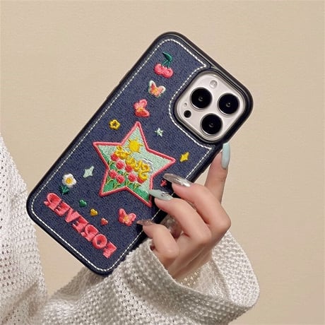 刺繡入りデニム iPhone14/15proケース  花柄ハート/星 iPhone13/12proカバー 女子力アップ[M3501]