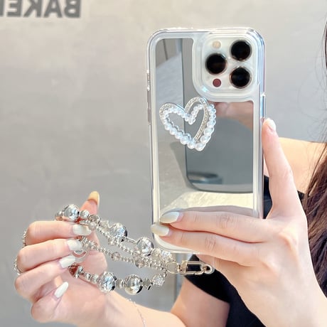 パールハート 鏡 iPhone15pro/15plusケース ストラップ付 iPhone14pro/13/12proカバー おしゃれ 女子力アップ[M4209]