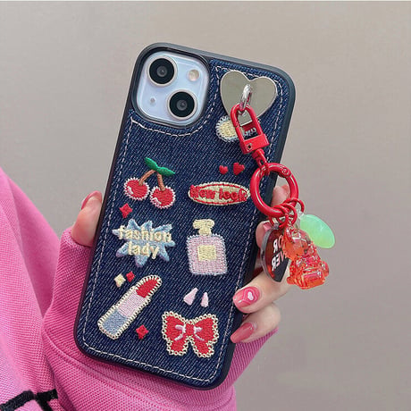 デニム Fashion Lady iPhone14/14proケース  刺繡 秋冬人気  アイフォン13/12/11カバー  高品質  高級感 女子力アップ [M2249]