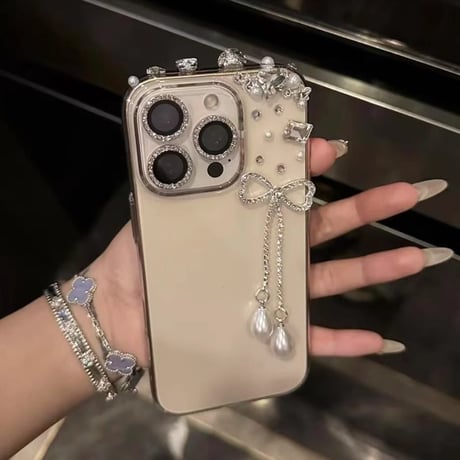 ハンドメイド iPhone16pro/16ケース ダイヤ ジュエリーリボンフリンジ iPhone14/13pro/12カバー 大人可愛い シック[M5203]