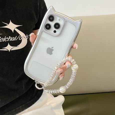 猫の耳 iPhone15pro/15promaxケース ストラップ付 アイフォン14プロ/13pro/12promaxカバー 黄ばまない 可愛い[M4309]