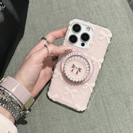 リボン柄 iPhone16pro/16ケース パールとリボングリップ マグネット iPhone15pro/14/13promaxケース かわいい 多機能 女子力UP [M5072]