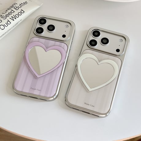 ハートミラー iPhone17Pro/17ケース ストライプ柄  iPhone16Pro/15/14ケース 淡色系 ガーリーファッション[M6264]