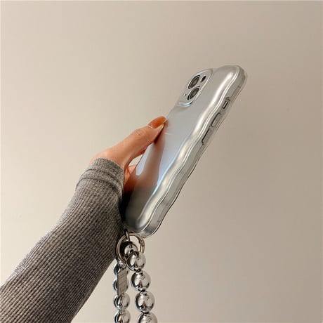 クールシルバー iphone15/14/13proケース グリップ/ストラップ付 アイフォン12/11カバー  高級感高品質 お洒落 ギフトにおすすめ  [M2092]