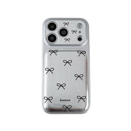 リボン柄 iPhone17pro/17ケース カメラカバー付 シルバー iPhone16/15promax/14ケース ストラップ シック[M6018]