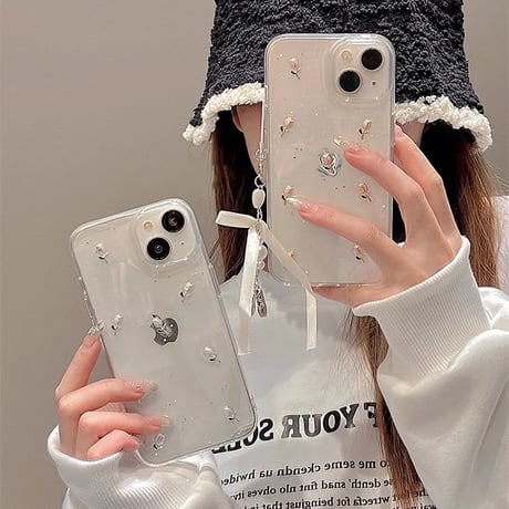 立体花 アイフォン15/15proケース 韓国風  バレエシューズストラップ付iphone14pro/13/12カバー キラキララメ 黄ばまない[M4109]