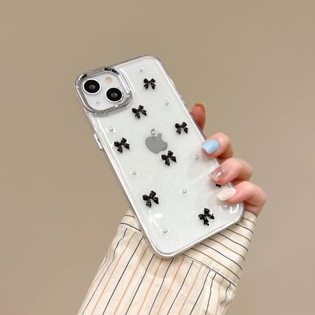 金属リボン iPhone16/15proケース パール iPhone14/13pro/12クリアケース かわいい 女子力高い[M4440]