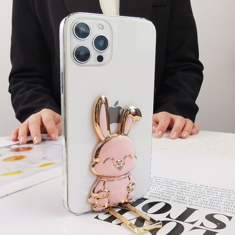 ウサギ スマホグリップスタンド キュート可愛い  粘着タイプ メッキ素材 便利 全機種対応 ギフトにおすすめ[M2681]