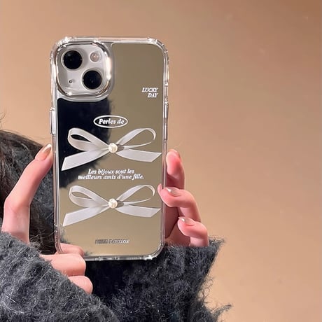 鏡 リボン柄 iphone15/14proケース  キラキラ  iphone13/12/11カバー  可愛い  便利 頑丈[M3823]
