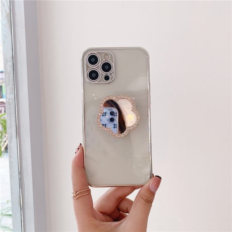 ミラーポップソケット付 iphone12/11ケース  スタンド 透明iphoneXS/SE2カバー  軽量持ちやすい ツヤ感ありファッションM418