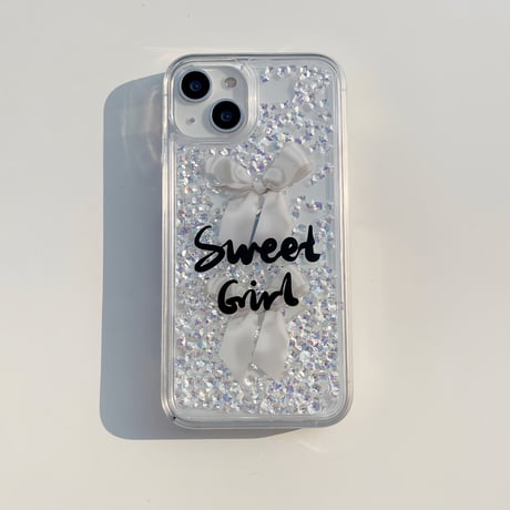 流れるダイヤモンド入り iphone14pro/13proケース リボン柄 Sweet Girl iphone12pro/11カバー クリア 綺麗 おしゃれ[M3259]