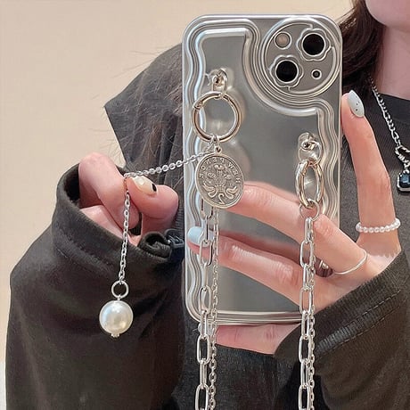 シルバーチェーン付き iphone14pro/13ケース 高級感 アイフォン12/11カバー  オシャレ 真珠付き 便利  個性ファッション[M2084]