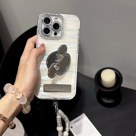 ダイヤ鏡スタンド iPhone17/17proケース シェル柄 iPhone16pro/15/14proカバー レンズカバー ストラップ 多機能高級感 [M5622]