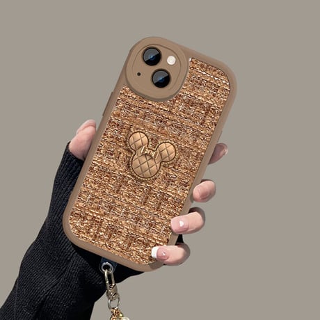 オシャレ iPhone14/14proケース  リボン 真珠ストラップ付アイフォン13/12/11proケース セレブ愛用 ツイード生地 実用 可愛い [M2408]