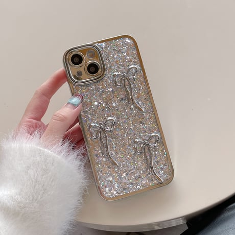 リボン iPhone15/15proケース キラキラグリッター入り iPhone14/13pro/12ケース 女子力アップ シルバー[M3891]