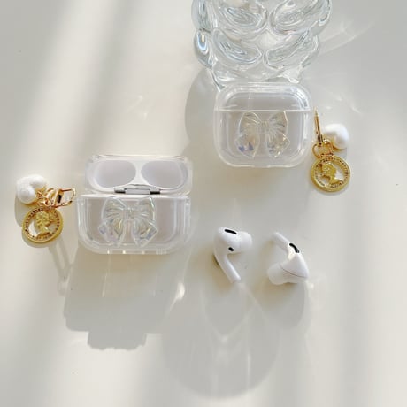 【Airpods4】キラキラリボン AirpodsPro2ケース ハートアクセサリー付 airpods3/2/1ケース  かわいい 耐衝撃クリアケース ギフトにおすすめ[M3073]