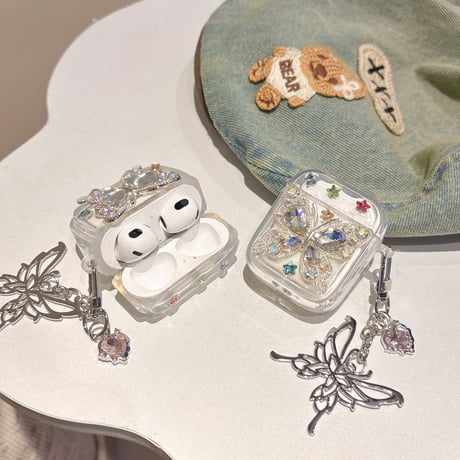 女子力高い Airpods 4ケース ダイヤ蝶 Airpodspro2/proカバー  Airpods3/2 チョウキーホルダー めっちゃ可愛い 丈夫[M5043]