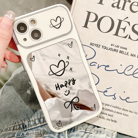 韓国風 鏡付iPhone15/15プロカバー Lucky/Happy iPhone14pro/13/12ケース お揃い 便利 [M4364]