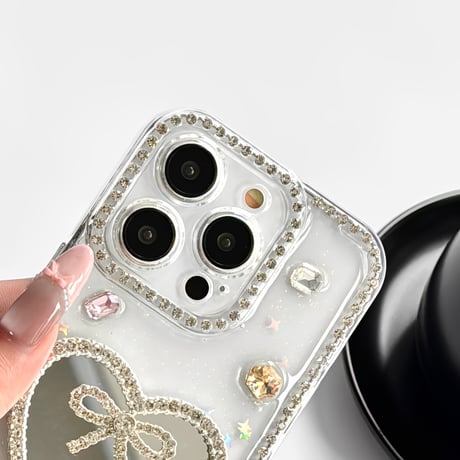 ジュエリーリボン鏡 iPhone16pro/17ケース ダイヤデコ iPhone15promax/14/13カバー  可愛い 女子力高い おしゃれ[M5596]
