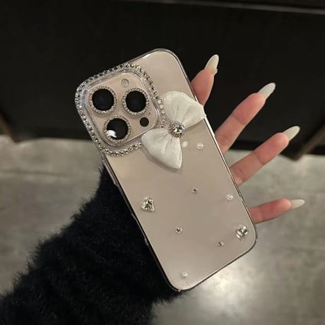ラインストーン iPhone16pro/16デコケース リボン iPhone15promax/14/13ケース ギャルっぽい 流行る [M5523]