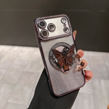 鏡付蝶スタンド iPhone17Pro/17ケース メタリックカラー iPhone16/15ProMax/14ケース ラグジュアリー感 キラキラライン 大人気 レンズ保護[M6240]