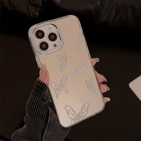 蝶 ミラー iPhone15/15proカバー リボンストラップ iPhone14promax/13pro/12カバー シルバー高級感 かわいい [M4094]