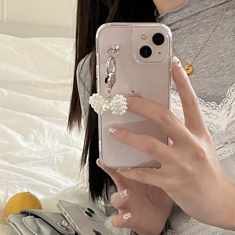 女子力アップ iPhone15/15proケース パールリボンチャーム iPhone14/13pro/12proクリアケース かわいい きれい[M4361]