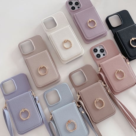 鏡 カード入れ付 iPhone14/15proケース リング ストラップ付 アイフォン13/12pro/11カバー 淡色レザー高品質 高級感 スタンド機能[M3251]