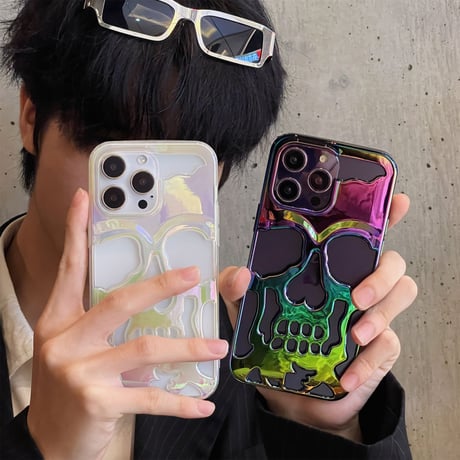 ドクロ iphone16/15/14/13proケース 放熱しやすい アイフォン12/11カバー レーザー光る グラデーション カッコイイ スカル [M3212]