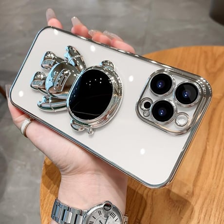 宇宙飛行士スタンド iphone14plus/14promaxケース  メッキ クリアアイフォン13/12/11proカバー カッコイイ 可愛い 実用[M2235]