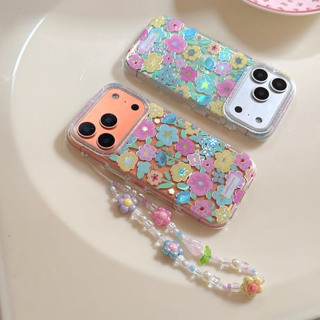 カラー花 iPhone17pro/17ケース キラキラ感 iPhone16promax/15proケース 花ストラップ 女子力高い[M6214]