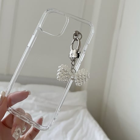 女子力アップ iPhone15/15proケース パールリボンチャーム iPhone14/13pro/12proクリアケース かわいい きれい[M4361]