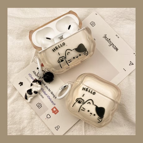 HELLO猫ちゃん AirPodsPro3ケース 白黒猫キーホルダー Airpods4/3ケース  AirpodsPro2/Pro1カバー  うねうね 可愛いギフトにおすすめ [M5939]