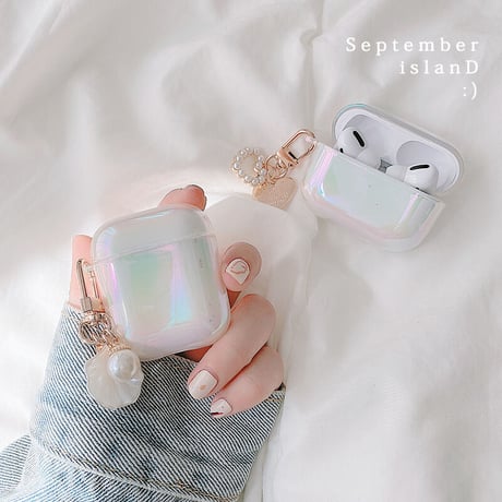airpods3ケース  オーロラ色 キラキラ airpodsproカバー  真珠アクセサリー付き 女子力アップ  綺麗 オシャレ 艶ありM1380