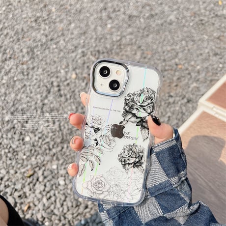 スケッチ薔薇 iphone14/13ケース レザー光る アイフォン12pro/11ケース  リボンストラップ付 かわいい 高品質 落下防止枠[M3075]