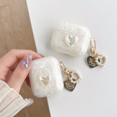 【Airpods4】キラキラハート AirpodsPro2ケース 貝殻紋 airpods3/2/1ケース  オシャレハートアクセサリー付 ソフト ギフトに最適 [M2595]