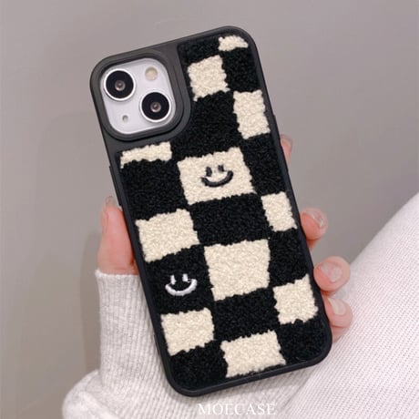 刺繡 にこちゃん iphone14pro/14plusケース  チェック柄 iphone13/12/11カバー 可愛い 秋冬グッズ 手さわりいい[M2347]