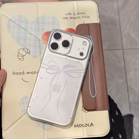 甘めリボン柄 iPhone17/17Proケース ラベンダー/ミストブルー/セージ/オレンジに合う iPhone16/15Pro/14カバー クリアケース [M6639]