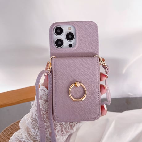 鏡 カード入れ付 iPhone14/15proケース リング ストラップ付 アイフォン13/12pro/11カバー 淡色レザー高品質 高級感 スタンド機能[M3251]