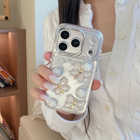 蝶々デコ iphone17Pro/17ケース きれい花  キラキララメ iPhone16Pro/15Promax/14/14/12カバー  オシャレ 女子力高い[M5928]